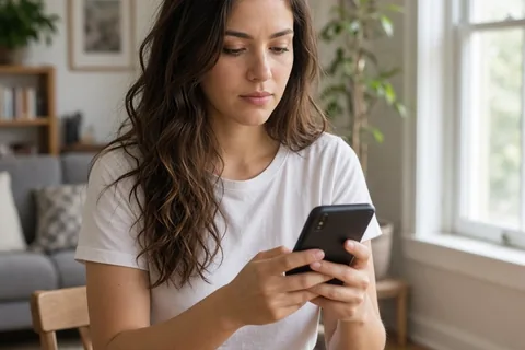 A mid-twenties woman with long wavy brown hair typing a text message on her smartphone at her home table