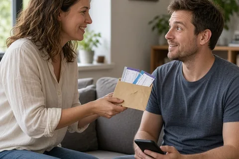 A clearly adult woman in her thirties with shoulder-length wavy brown hair wearing a light blouse and jeans hands a small envelope with two concert tickets to a clearly adult man in his thirties with 