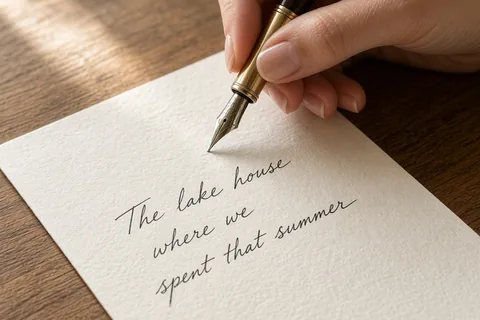 Close-up of an adult hand with manicured nails writing a note on a card on a wooden table with soft natural light from the side