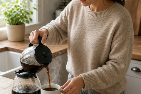 A woman in a home kitchen pouring coffee into a mug with a handwritten note on the counter