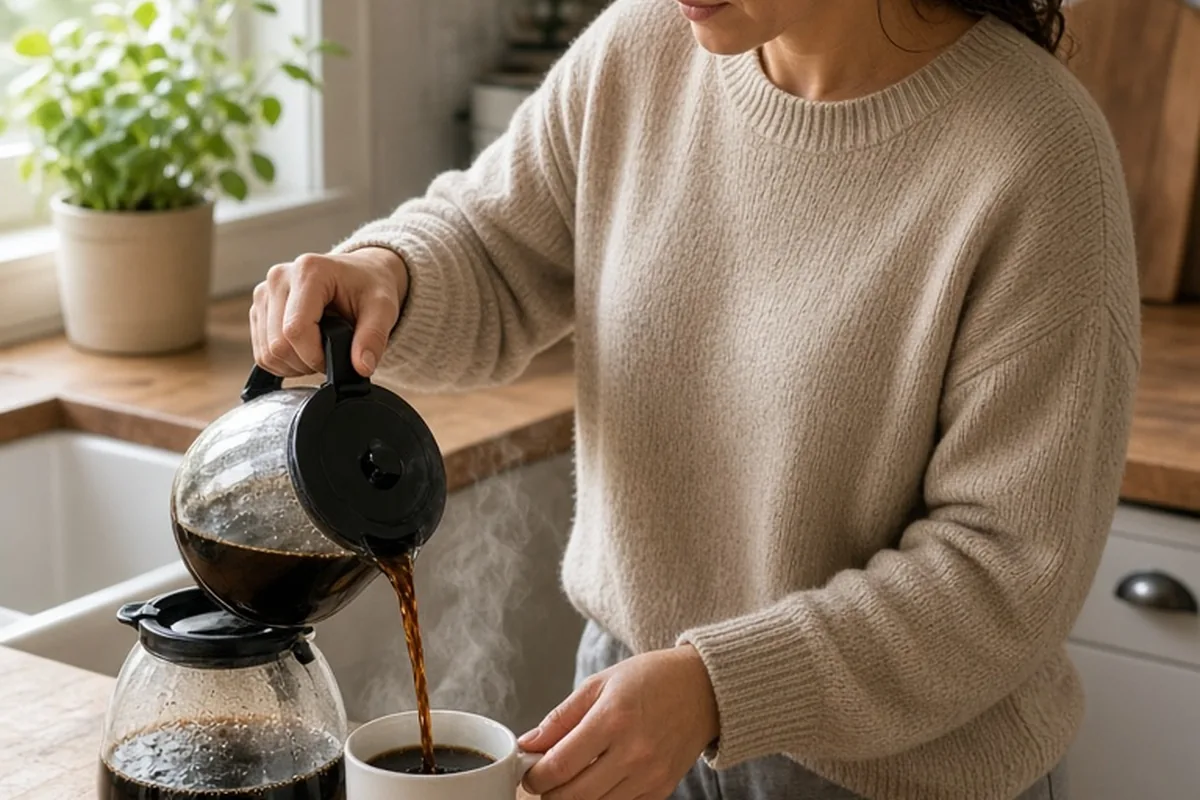 A woman in a home kitchen pouring coffee into a mug with a handwritten note on the counter