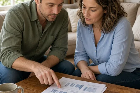 A man in a button-up shirt and a woman in a blouse sitting at a table, the man pointing to a document as the woman looks at it