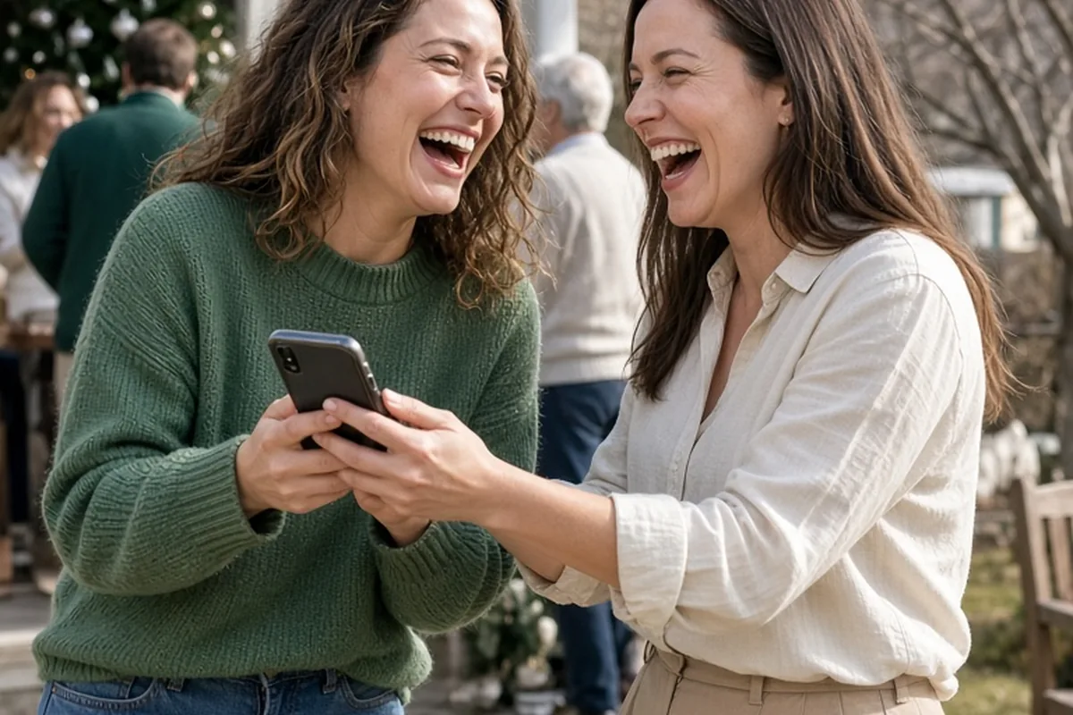 Two adult women laughing and playfully competing over a smartphone during a holiday visit