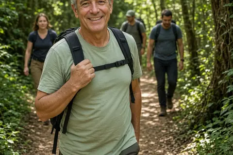 A middle-aged uncle with short graying hair smiling at the camera while standing on a sunny forest trail with his family nearby