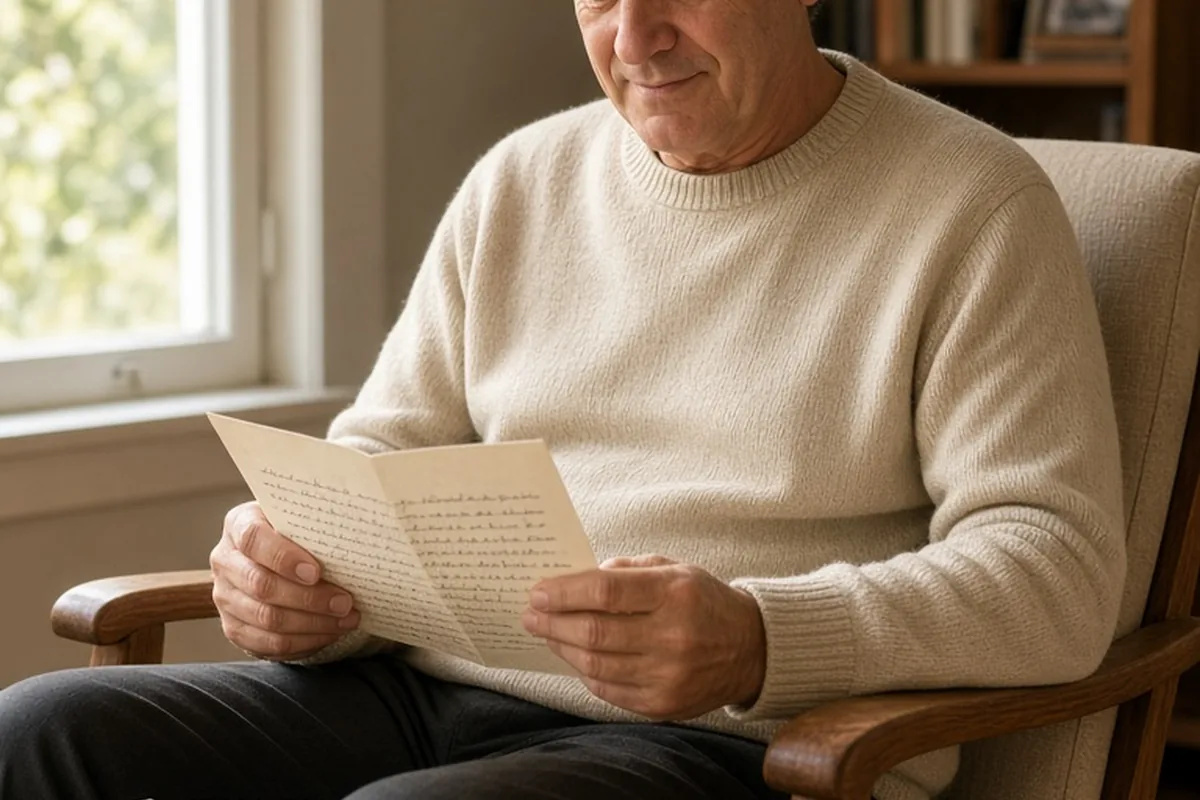 An uncle reading a handwritten letter in a cozy armchair under soft natural window light
