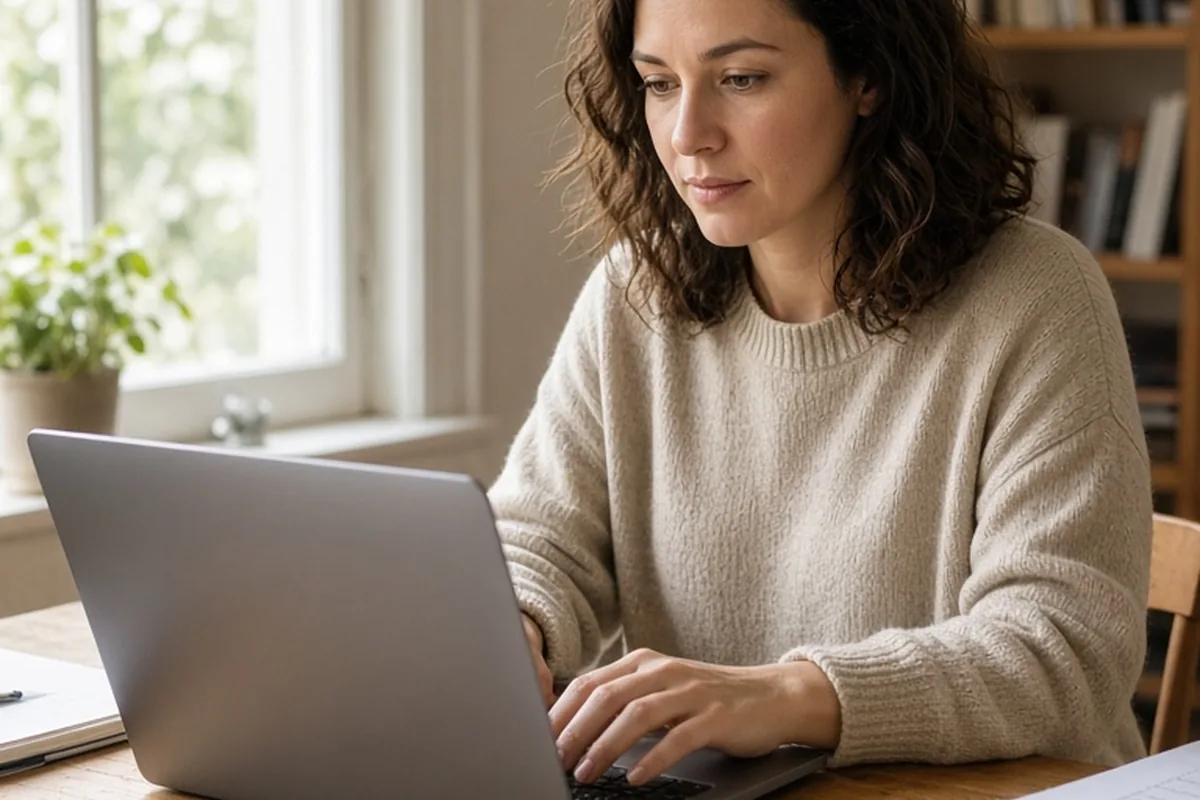 A woman in her early thirties with shoulder-length wavy brown hair typing on a laptop at a wooden desk in a bright home office