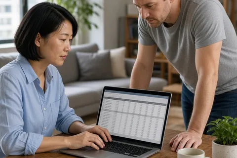 A woman with short straight black hair seated at a wooden desk in a living room with her laptop open to a spreadsheet while a man with short brown hair leans in to review the screen