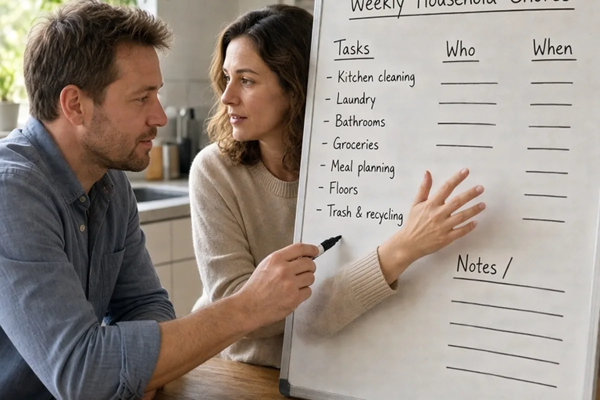 A couple seated at a kitchen table with a large whiteboard covered in handwritten notes, one person writing with a marker while the other watches