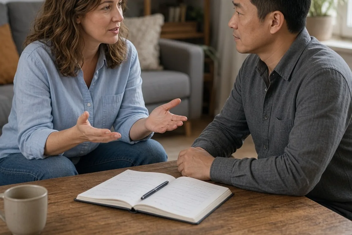 A woman with wavy brown hair and a man with short black hair sitting at a dining table discussing plans with a planner open between them