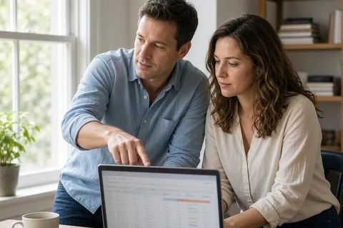 Man in button-up shirt pointing at laptop screen with blurred budget data in home office while his partner in blouse observes