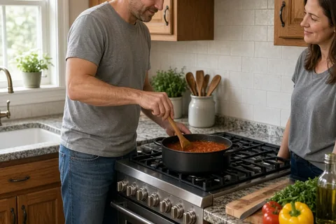 A man cooking dinner at the stove in a home kitchen with his partner standing nearby