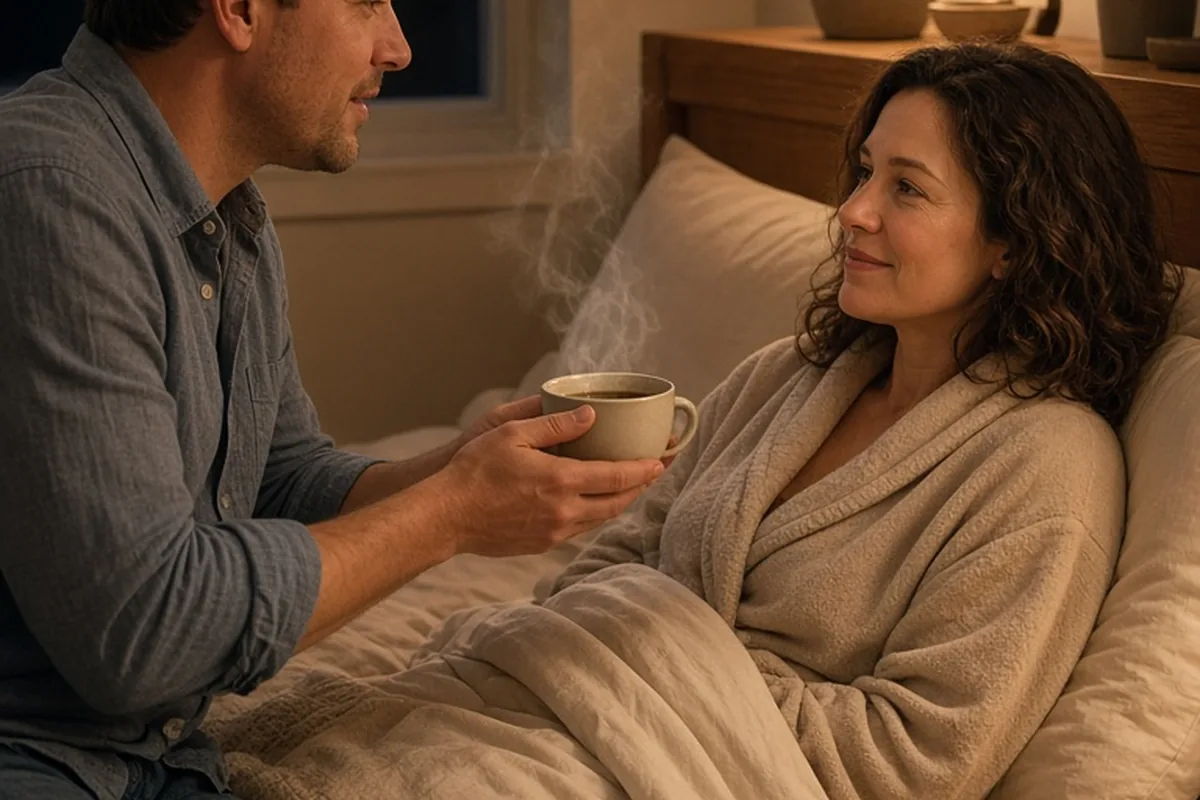 A man offering a cup of tea to his partner resting in bed