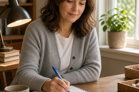 Woman in her forties writing in a journal notebook at a wooden desk in a home office
