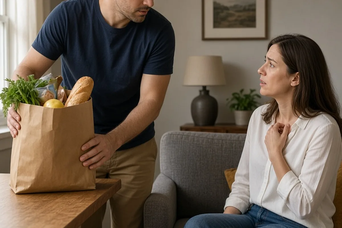 A man in a navy t-shirt placing a grocery bag on the counter while sitting with a woman in a white blouse on the sofa