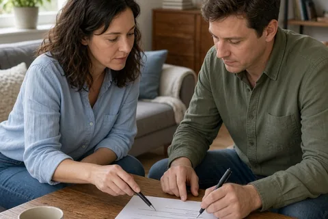 A woman and a man sitting at a wooden table in a living room, writing a list of household responsibilities together.