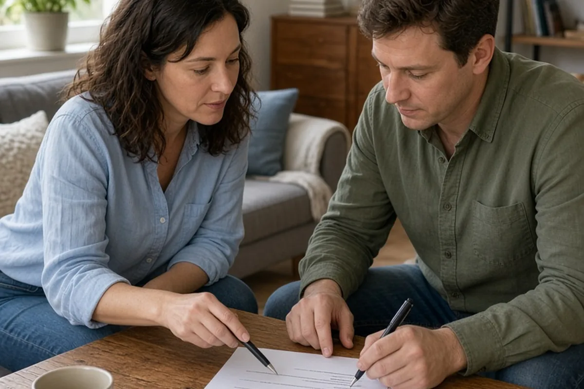 A woman and a man sitting at a wooden table in a living room, writing a list of household responsibilities together.