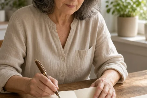 An older woman writing a personalized quote in a greeting card at a wooden desk with a fountain pen in her hand