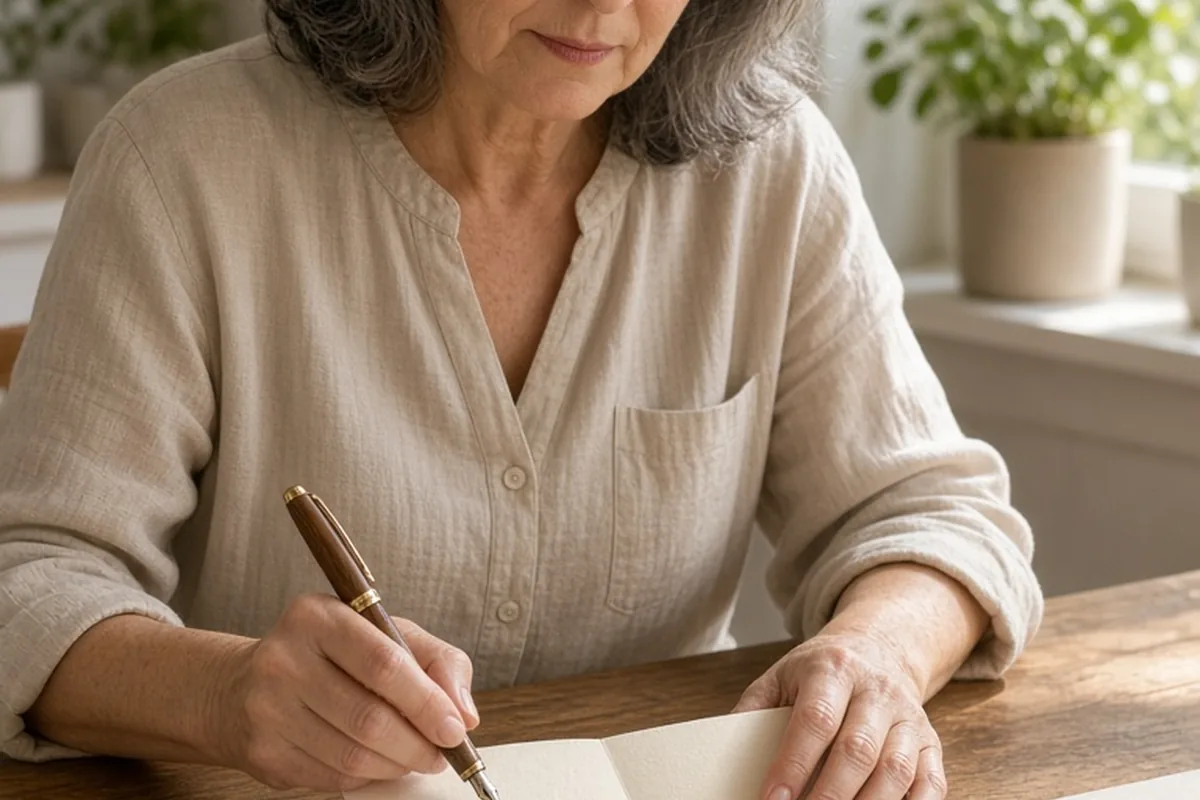 An older woman writing a personalized quote in a greeting card at a wooden desk with a fountain pen in her hand