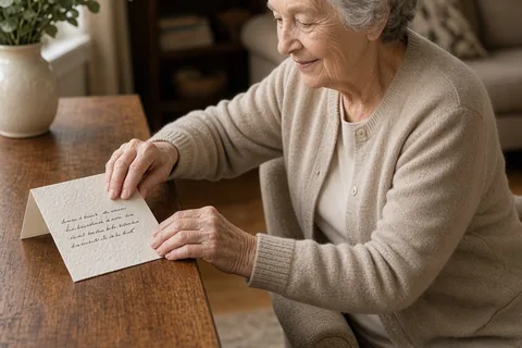 Elderly woman in her 80s placing a handwritten card on the wooden mantle in her living room