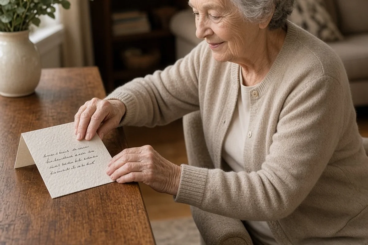 Elderly woman in her 80s placing a handwritten card on the wooden mantle in her living room