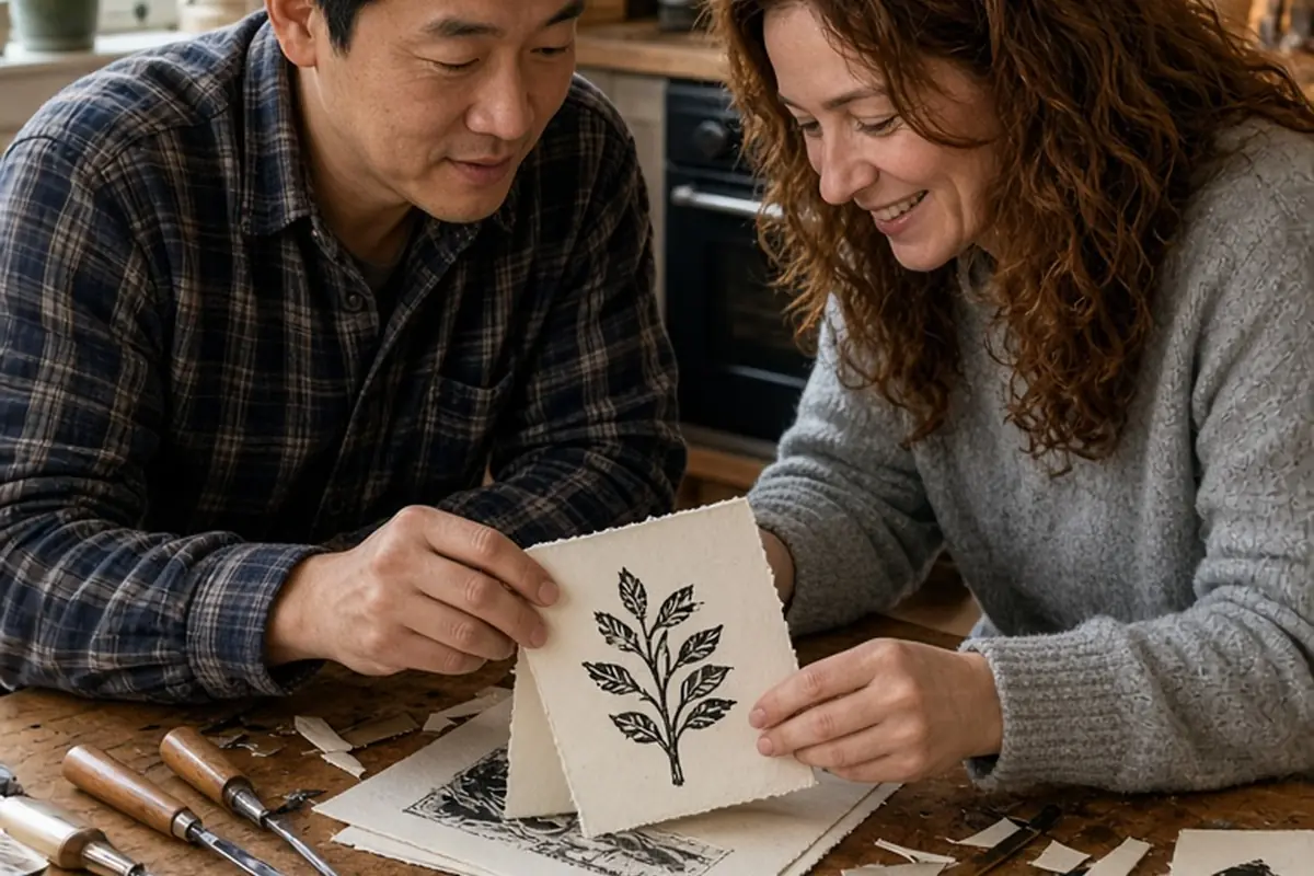 A couple in their mid-thirties assembling imperfect linocut prints into a greeting card at a wooden table in a home kitchen