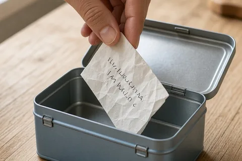 An adult hand inserting a folded note into an open school lunchbox on a kitchen table