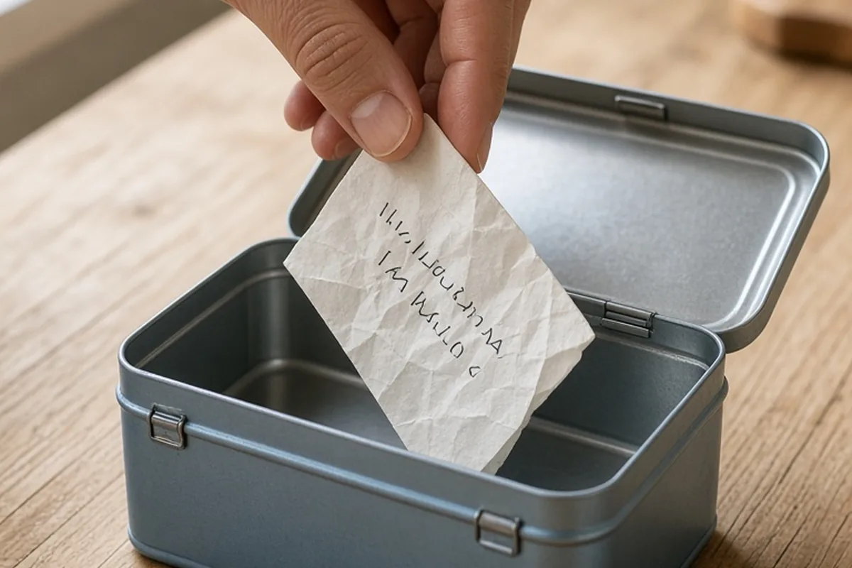 An adult hand inserting a folded note into an open school lunchbox on a kitchen table