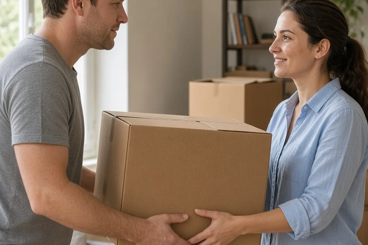 A man in his thirties with short brown hair handing a cardboard box to a woman in her late twenties with long brown hair in a living room filled with moving boxes