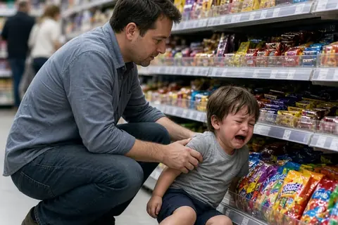 A father in his thirties crouches at eye level with his three-year-old son in a supermarket aisle, gently speaking and placing a hand on the child's arm to offer calm reassurance during the tantrum ov