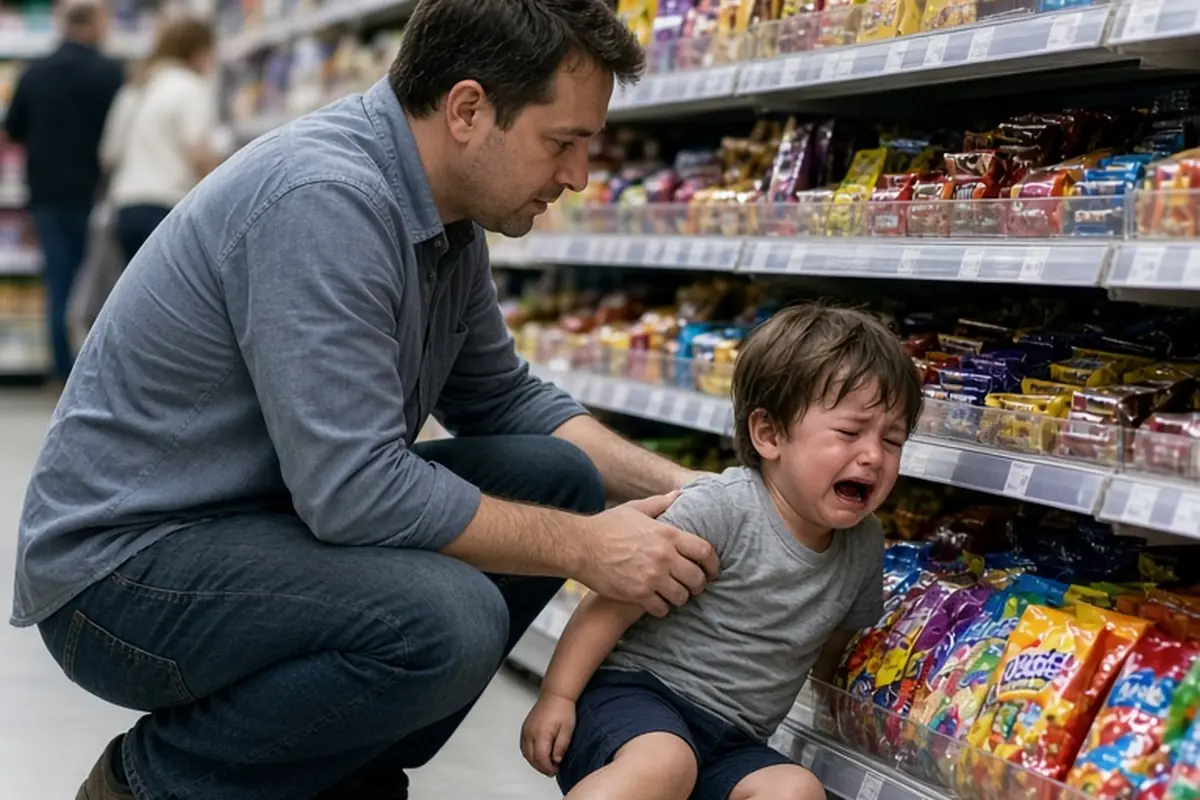 A father in his thirties crouches at eye level with his three-year-old son in a supermarket aisle, gently speaking and placing a hand on the child's arm to offer calm reassurance during the tantrum ov