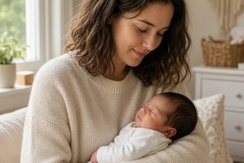 A mother holding her newborn baby in a nursery