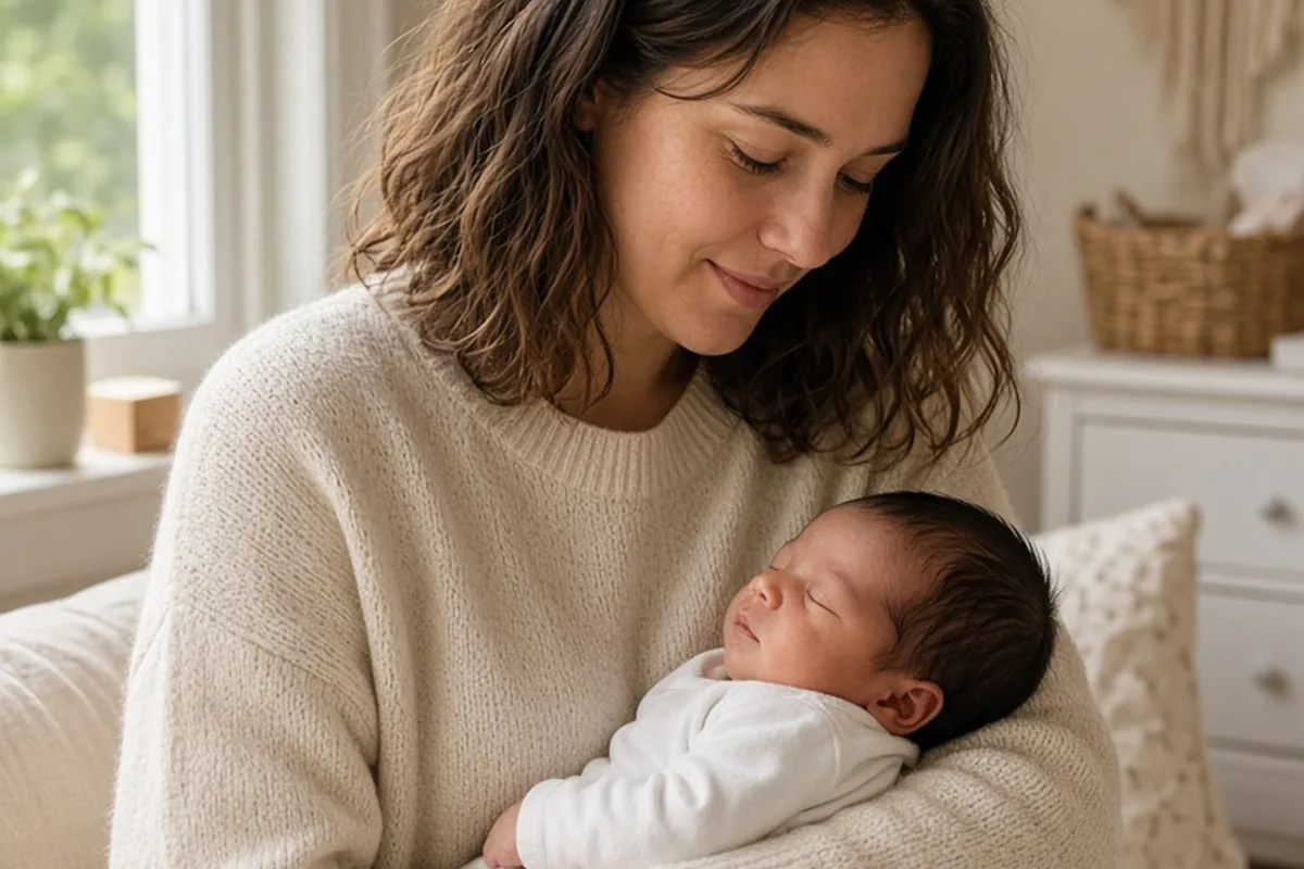 A mother holding her newborn baby in a nursery