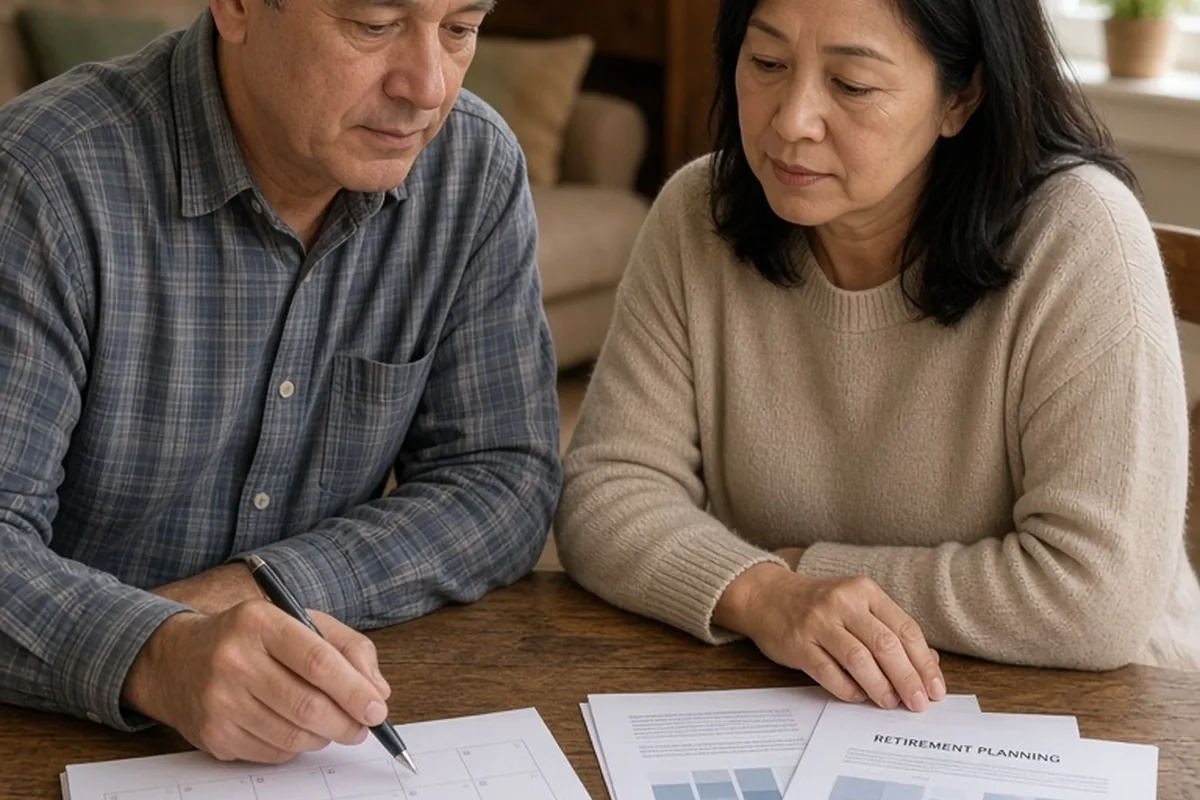 A couple in their early fifties examining a calendar and retirement planning documents at a living room table