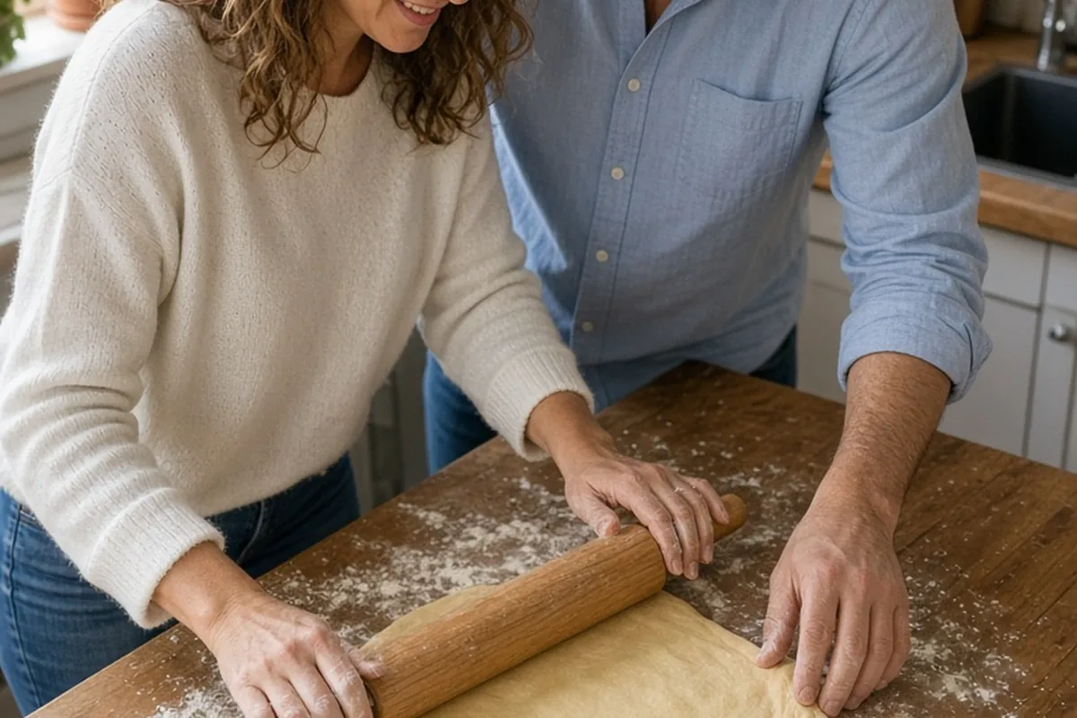 Woman with shoulder-length wavy brown hair and man with short dark hair in a kitchen rolling fresh pasta dough on a wooden countertop with flour around