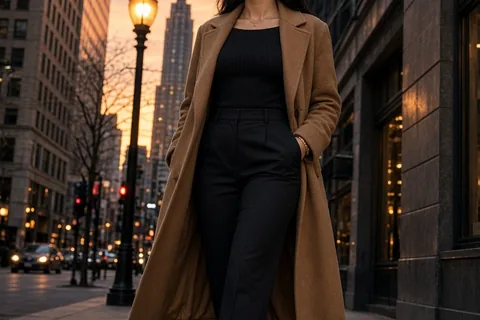 A clearly adult woman in her thirties with straight dark hair wearing high-waisted black tailored trousers, a fitted ribbed modal boatneck top, pointed-toe leather block heels, and a tailored camel wo