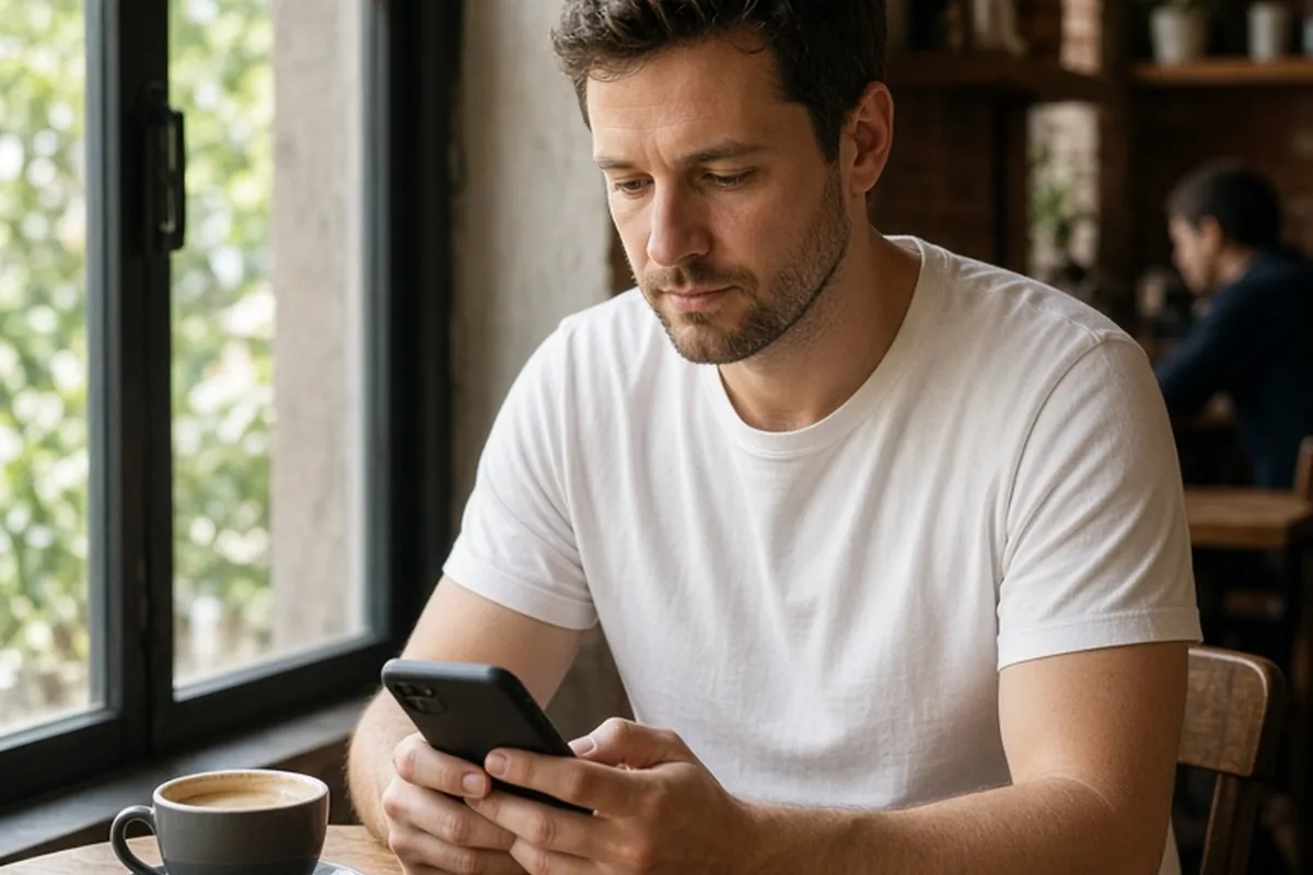 A clearly adult man sitting at a wooden table in a coffee shop, holding his smartphone and focused on composing a text message.