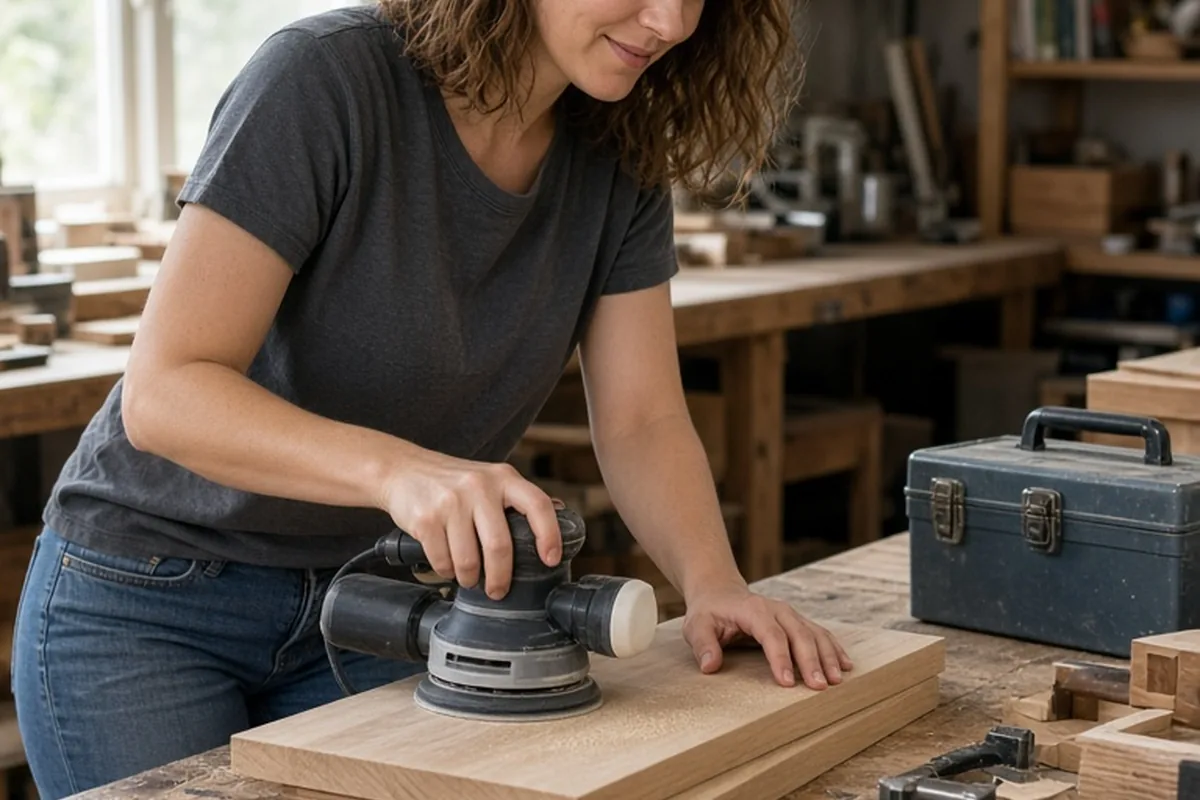 A woman in her late twenties with shoulder-length wavy brown hair wearing a casual t-shirt and jeans sanding a wooden piece at a workbench in her garage workshop with tools and shelves visible in the 
