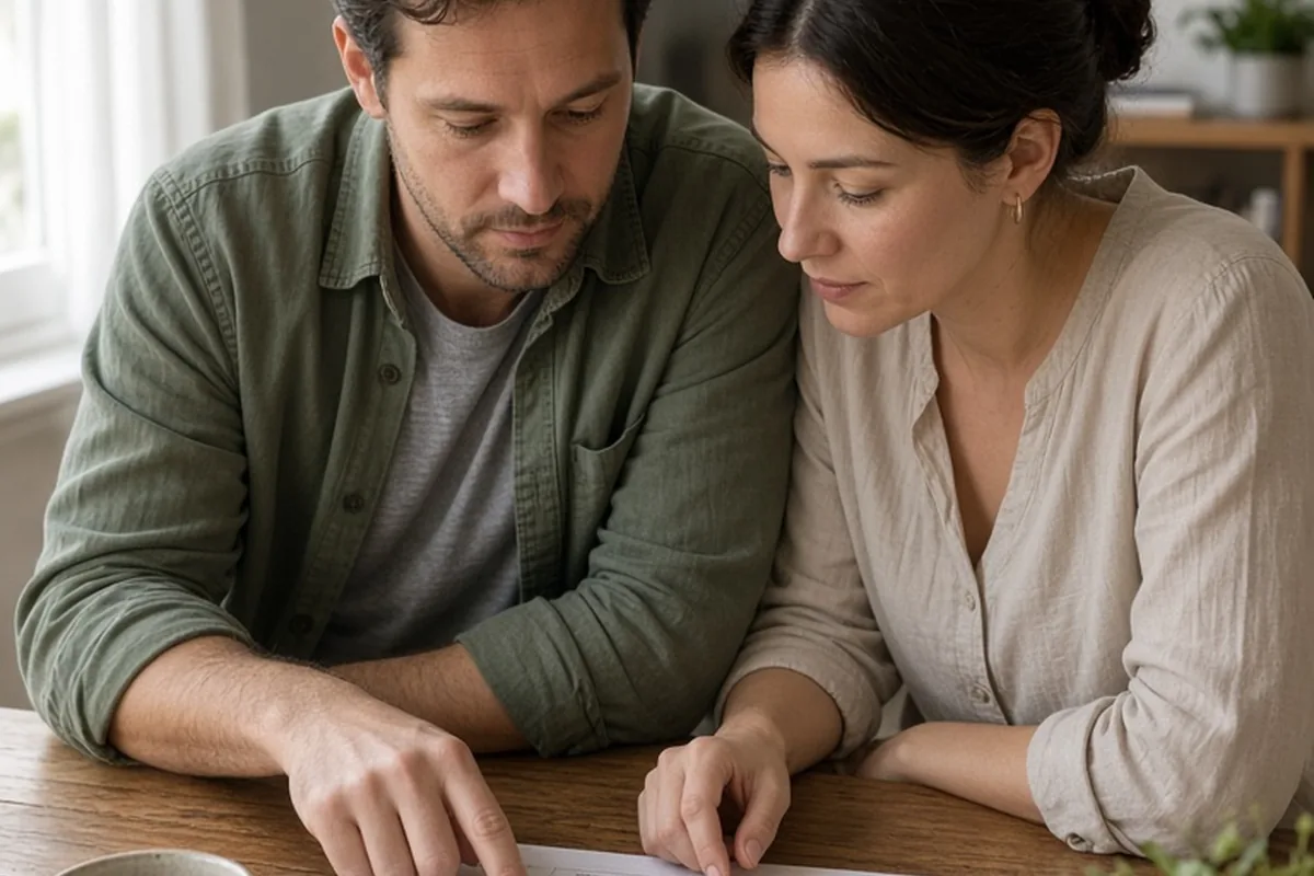 A man and a woman in their thirties sitting at a dining table reviewing a travel itinerary in a home setting