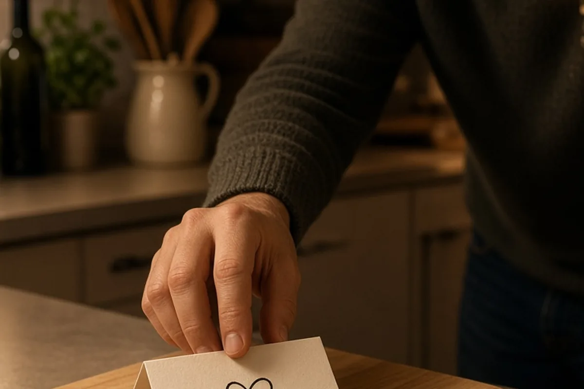 Close-up of a hand placing a small folded paper note with a doodle onto a wooden kitchen cutting board