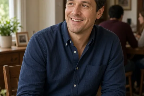 An adult man in his thirties with short brown hair wearing a casual shirt sitting at a wooden dining table during a family holiday dinner, smiling as he responds to a question about why he is single.