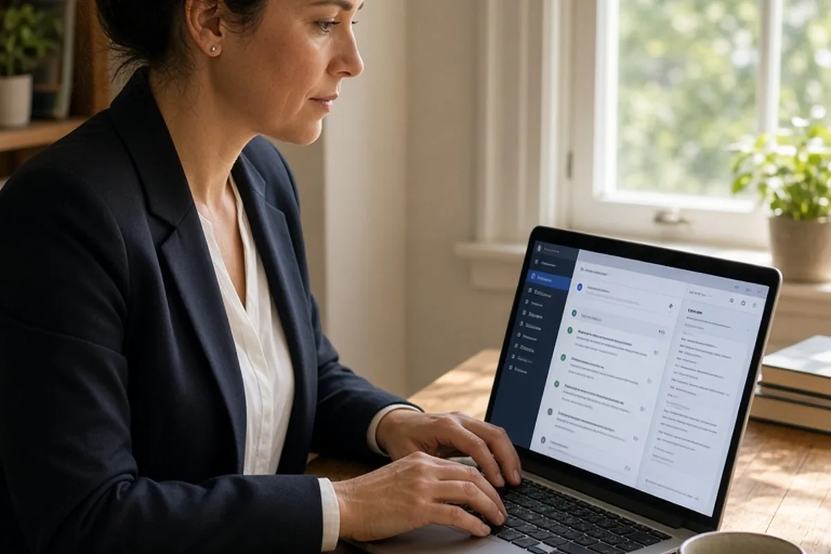 Woman typing a greeting into an email on her laptop in a home office