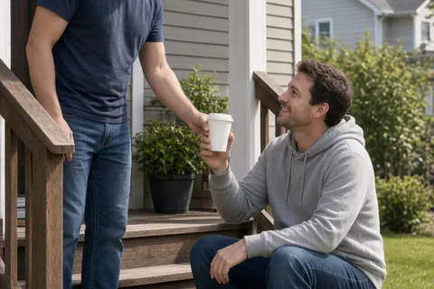Two adult men on a suburban front porch, one handing a coffee cup to the other who is sitting on the steps.