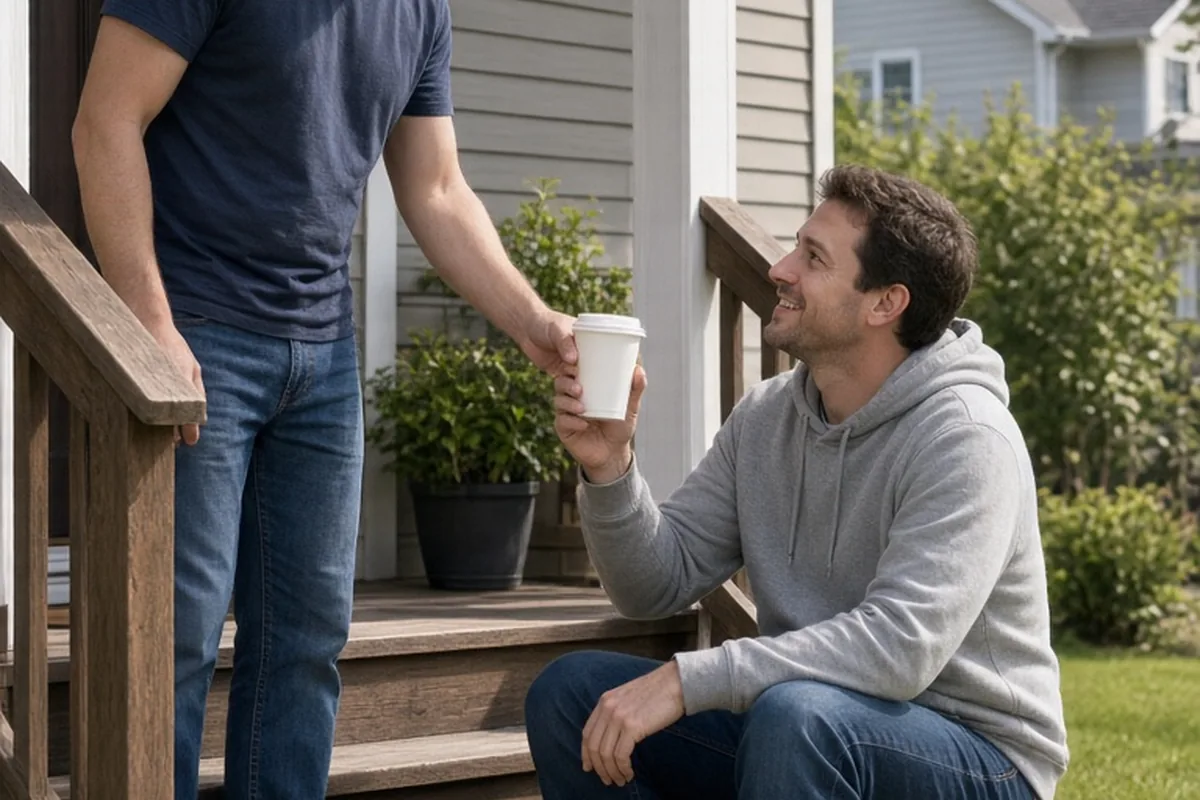 Two adult men on a suburban front porch, one handing a coffee cup to the other who is sitting on the steps.