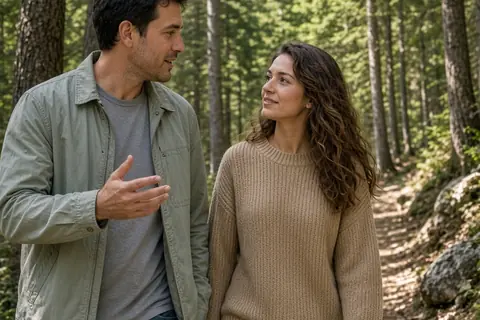 A man and a woman walking on a hiking trail, the man speaking to the woman as they share a personal conversation about their relationship.