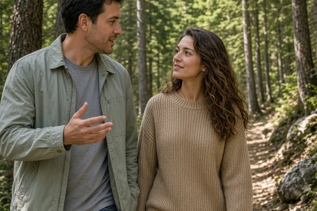 A man and a woman walking on a hiking trail, the man speaking to the woman as they share a personal conversation about their relationship.
