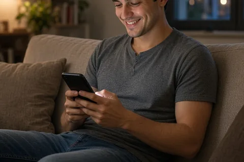 A young man with short dark hair wearing a gray t-shirt sitting on a couch holding a glowing smartphone and looking at the screen with a soft expression
