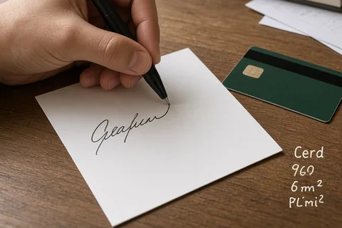 A hand writing on a greeting card on a wooden desk with a gift card beside it