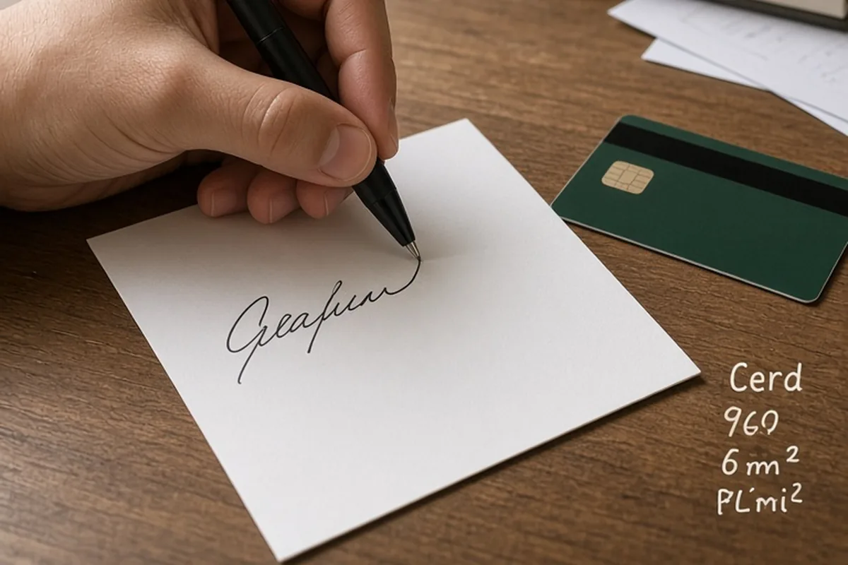 A hand writing on a greeting card on a wooden desk with a gift card beside it