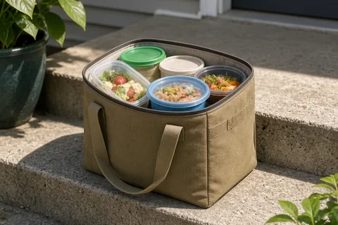 An insulated food delivery basket resting on the front porch steps of a suburban house in bright daylight, with the basket slightly tilted.