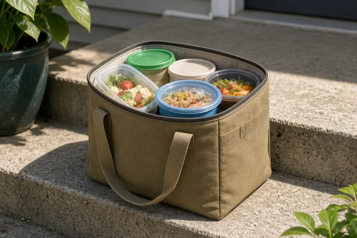 An insulated food delivery basket resting on the front porch steps of a suburban house in bright daylight, with the basket slightly tilted.